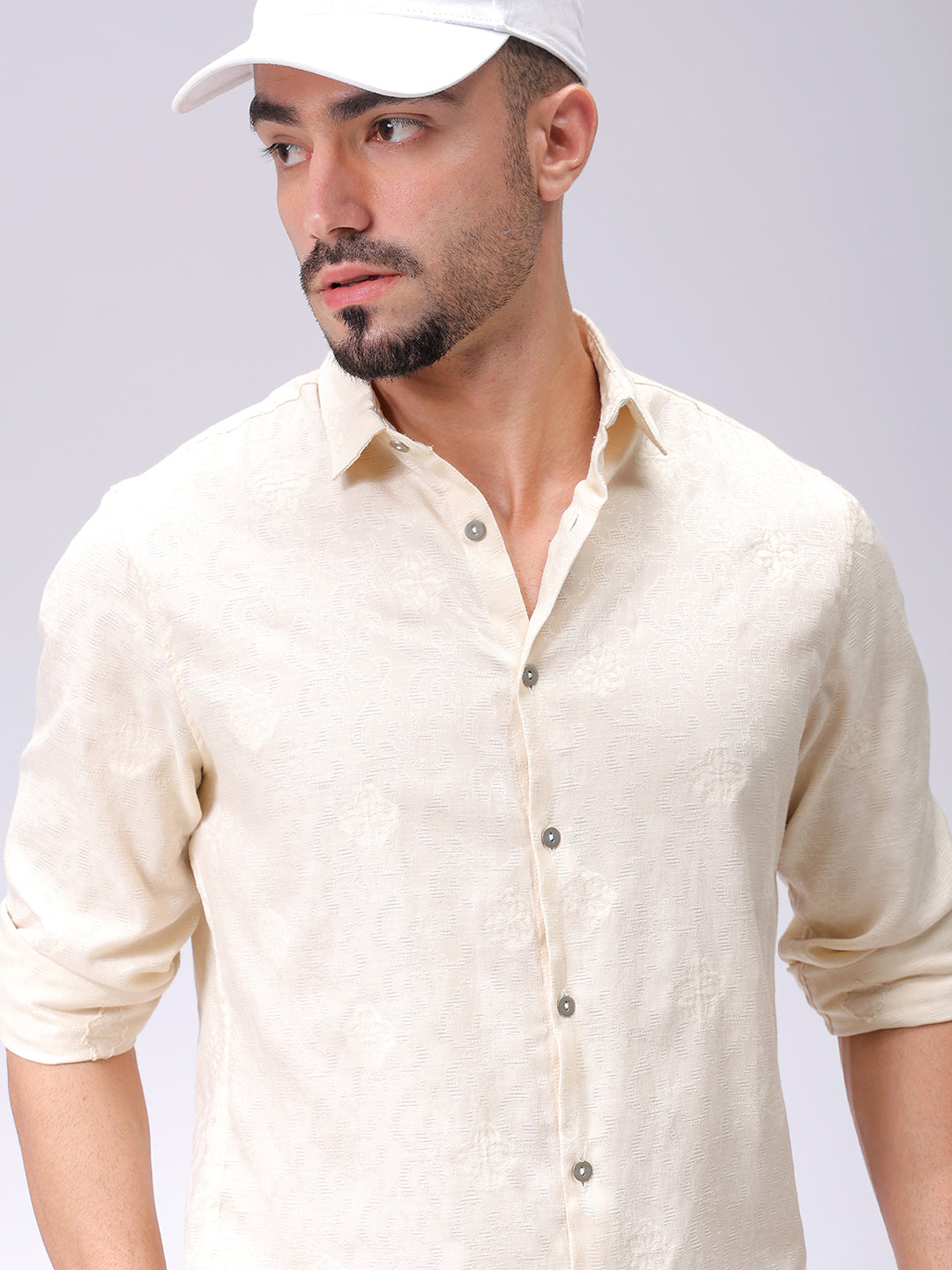 Men's Beige Regular Fit Textured Resortwear Shirt