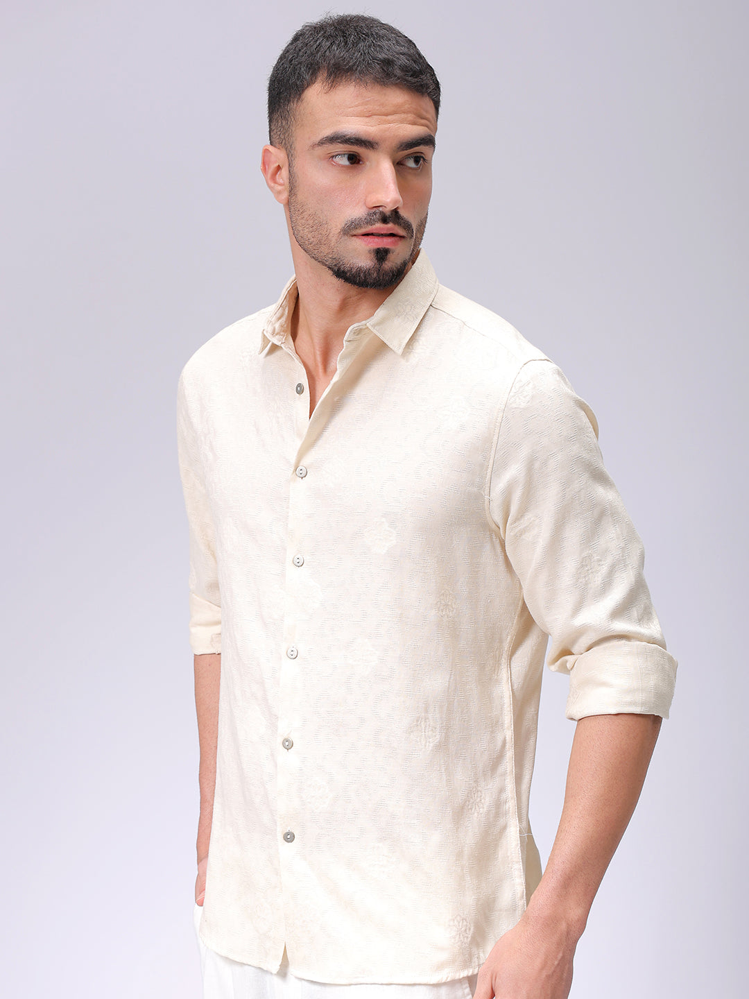 Men's Beige Regular Fit Textured Resortwear Shirt