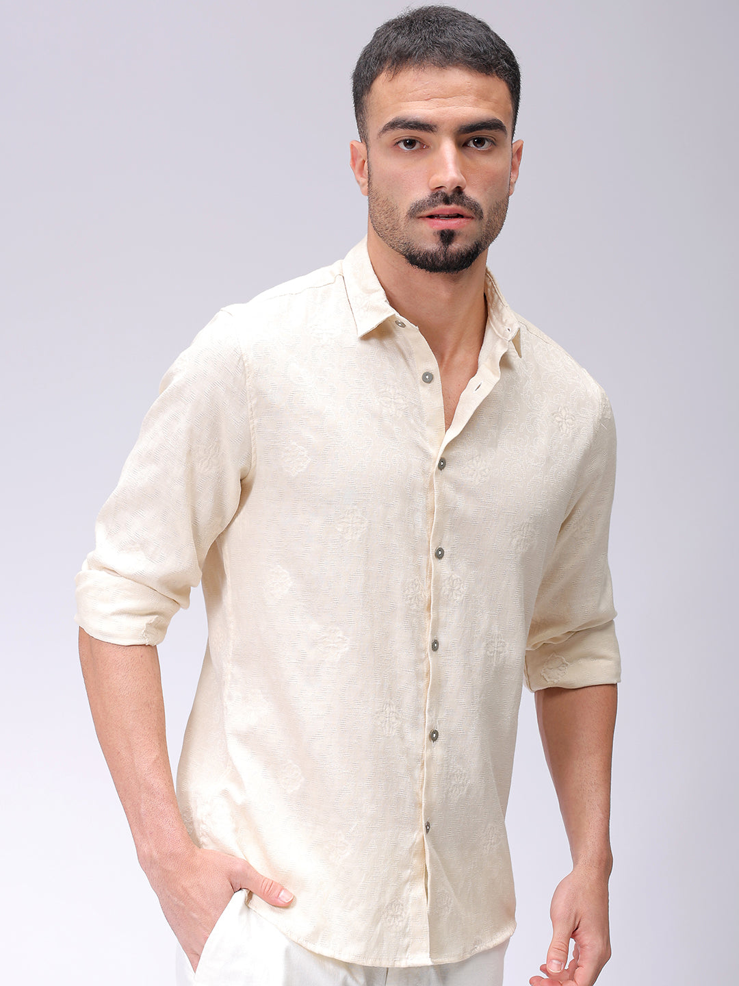 Men's Beige Regular Fit Textured Resortwear Shirt