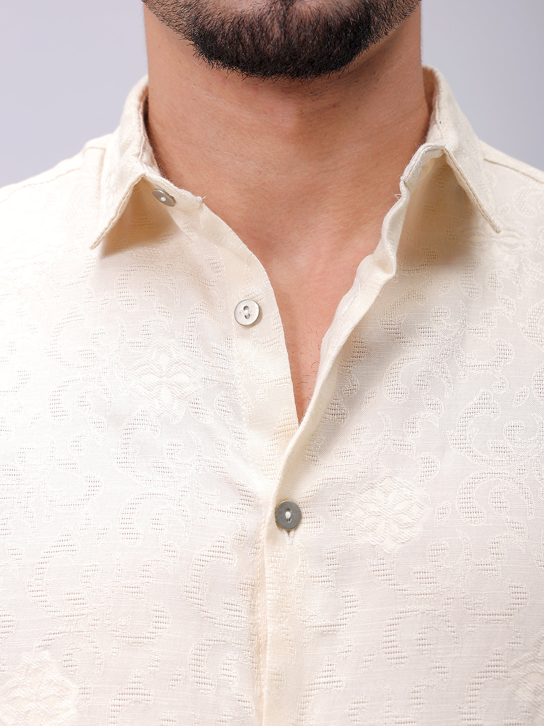 Men's Beige Regular Fit Textured Resortwear Shirt