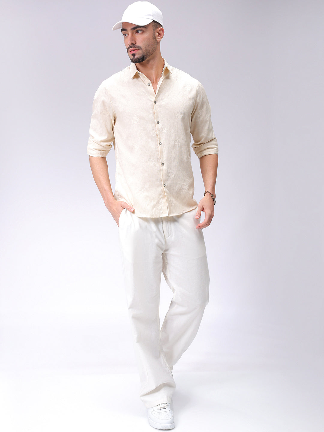 Men's Beige Regular Fit Textured Resortwear Shirt