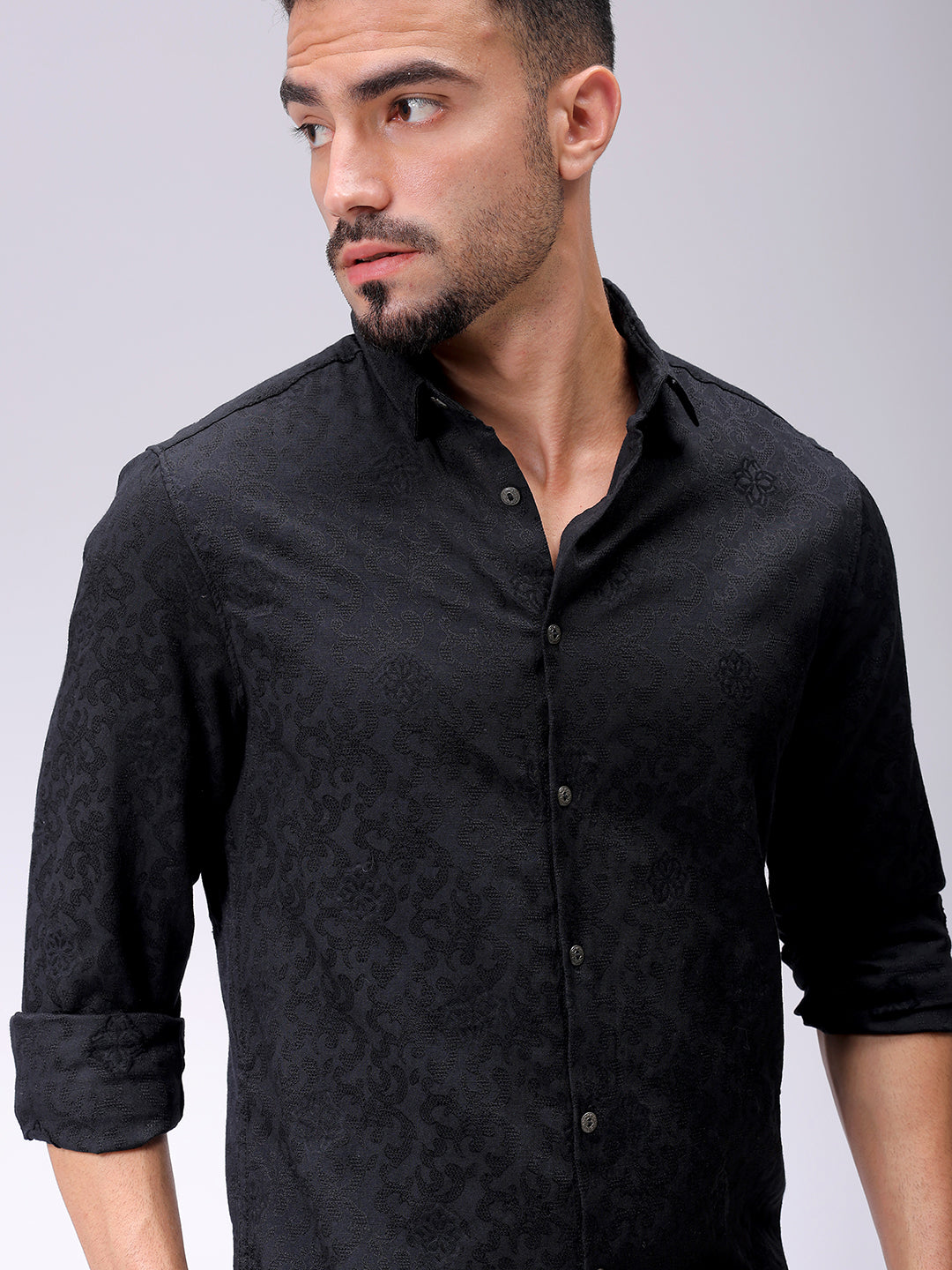 Men's Black Regular Fit Textured Resortwear Shirt