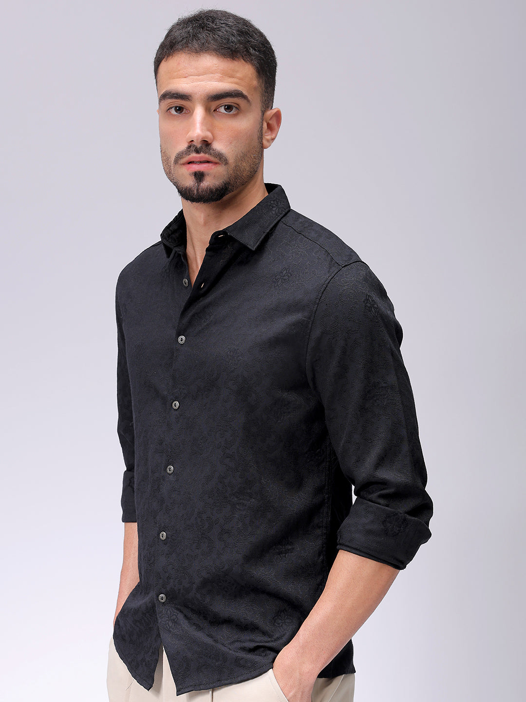 Men's Black Regular Fit Textured Resortwear Shirt