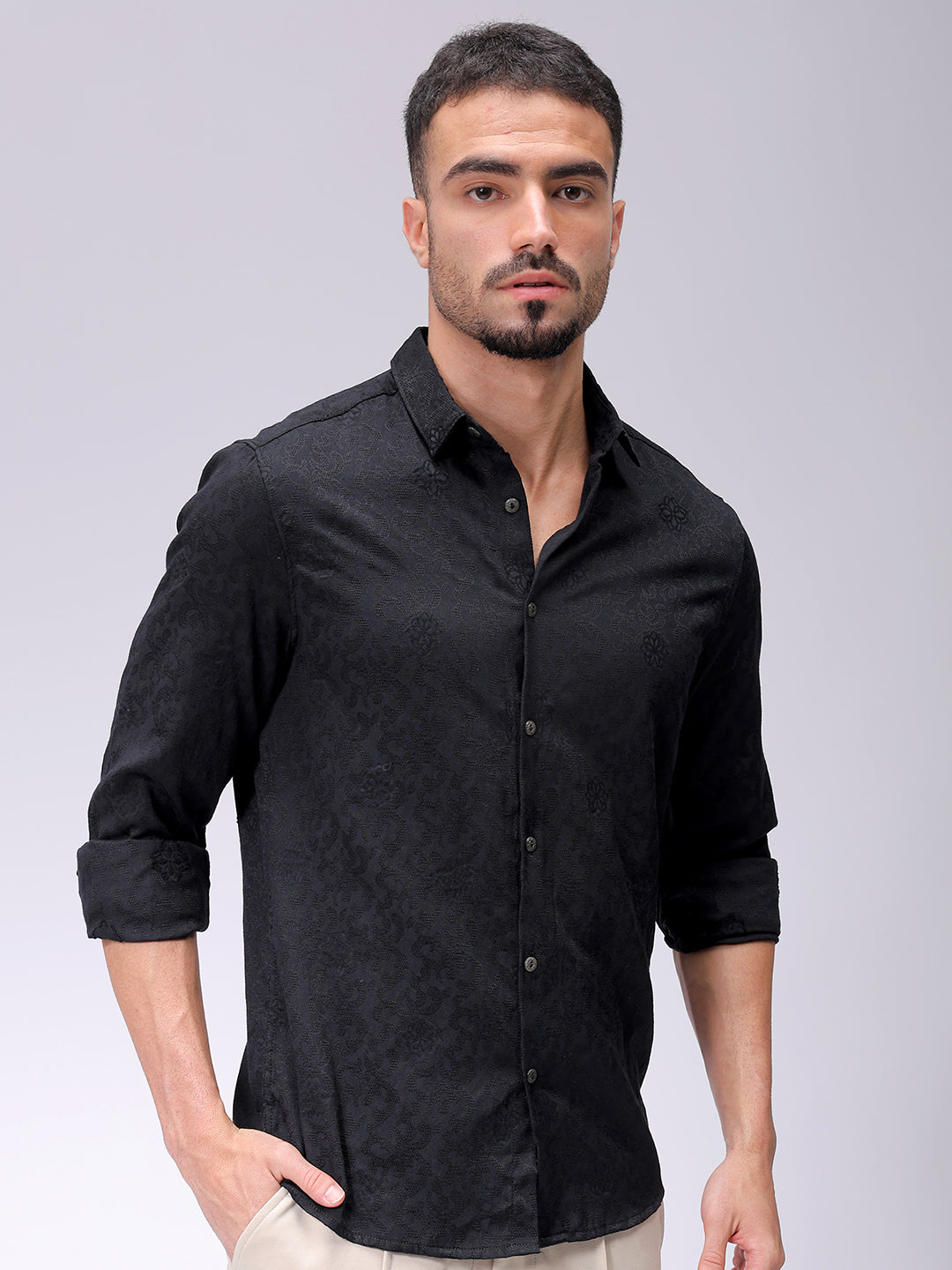 Men's Black Regular Fit Textured Resortwear Shirt