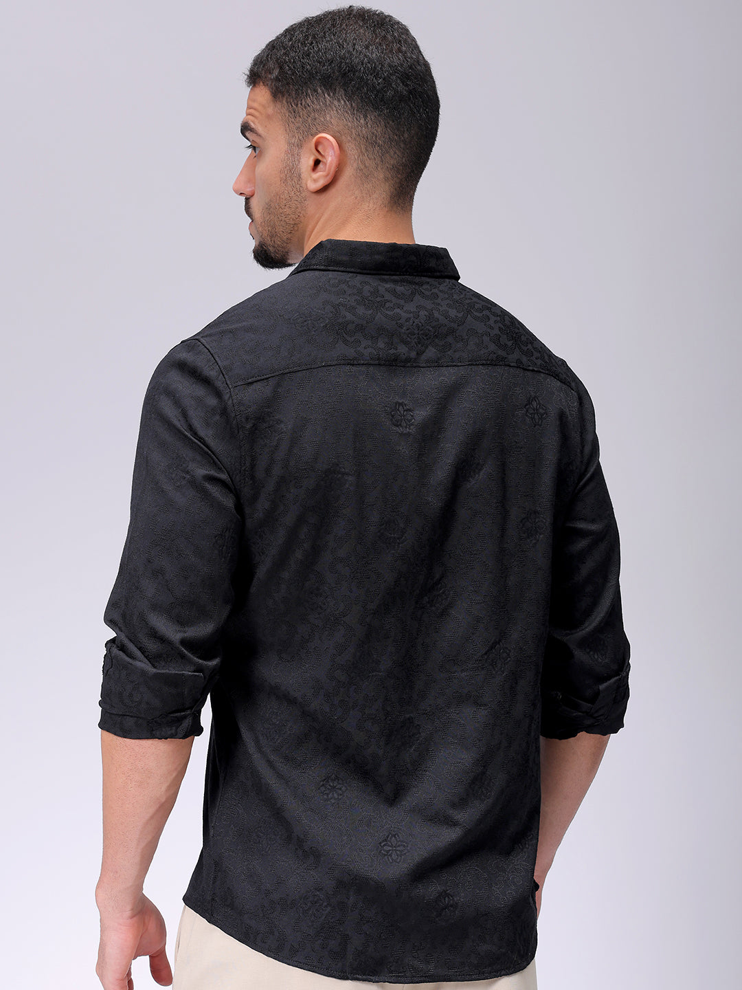 Men's Black Regular Fit Textured Resortwear Shirt