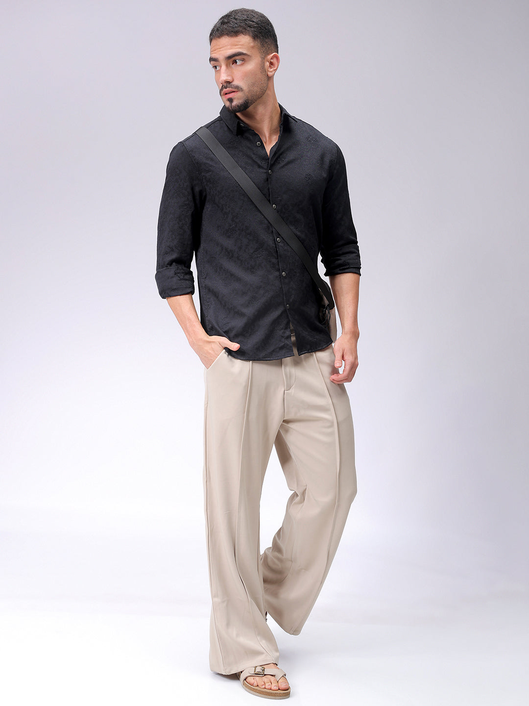 Men's Black Regular Fit Textured Resortwear Shirt