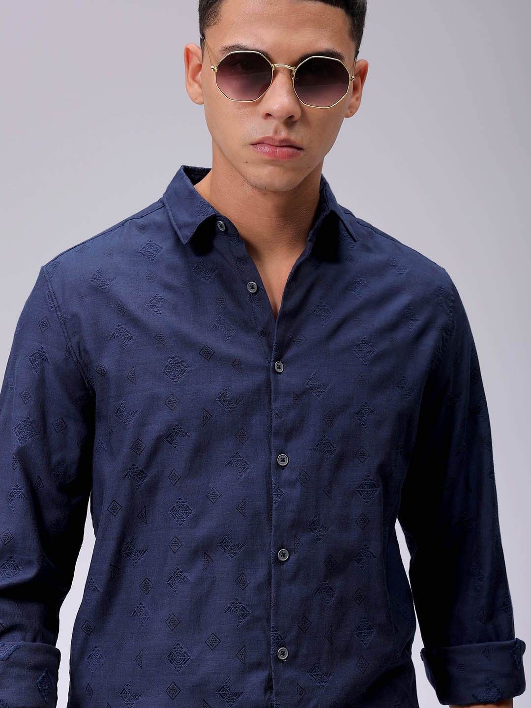 Men's Navy Blue Regular Fit Textured Resortwear Shirt