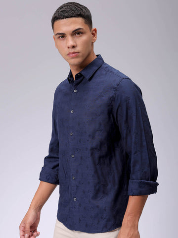 Men's Navy Blue Regular Fit Textured Resortwear Shirt