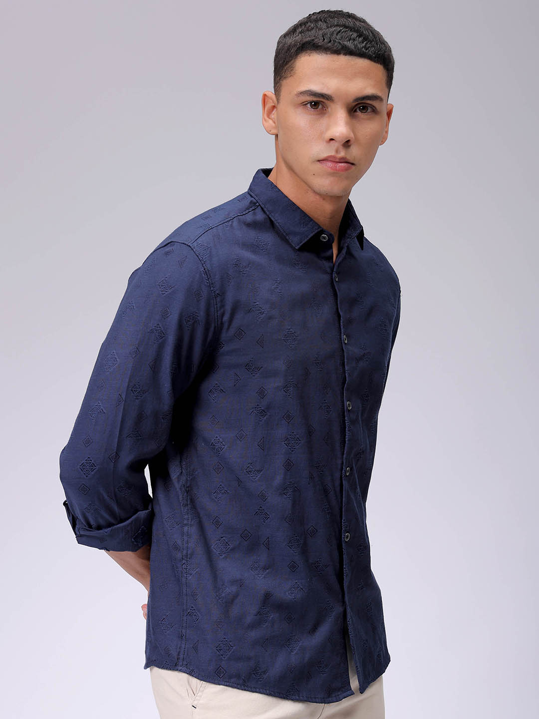 Men's Navy Blue Regular Fit Textured Resortwear Shirt