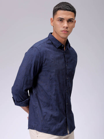 Men's Navy Blue Regular Fit Textured Resortwear Shirt