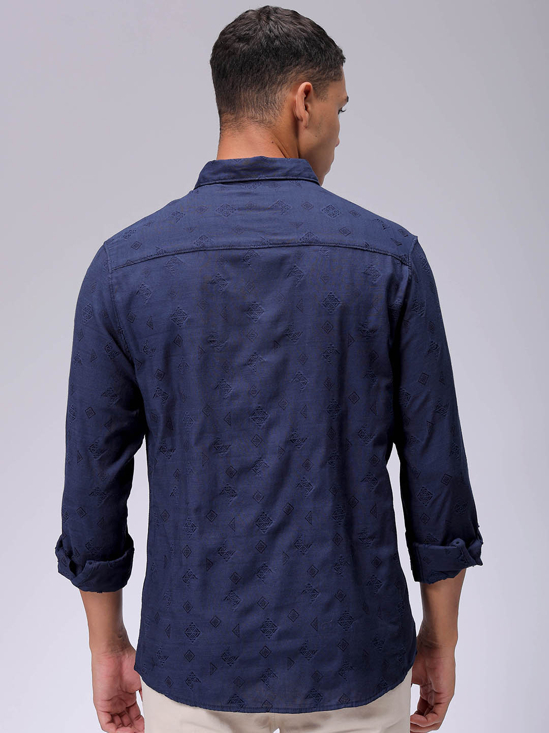 Men's Navy Blue Regular Fit Textured Resortwear Shirt