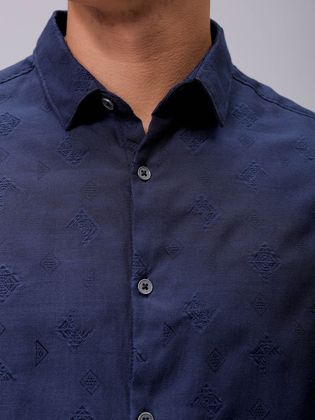 Men's Navy Blue Regular Fit Textured Resortwear Shirt