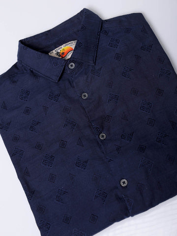 Men's Navy Blue Regular Fit Textured Resortwear Shirt