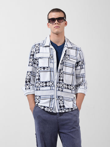 Men's White Regular Fit Printed Winter Shirt