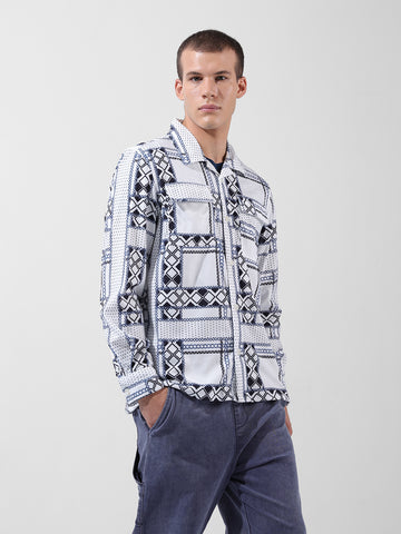 Men's White Regular Fit Printed Winter Shirt