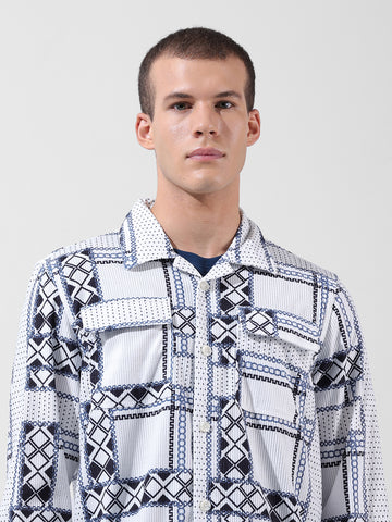 Men's White Regular Fit Printed Winter Shirt