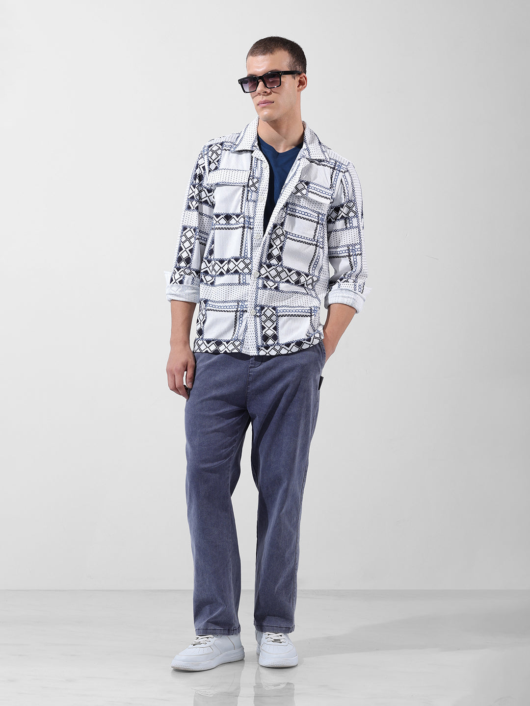 Men's White Regular Fit Printed Winter Shirt
