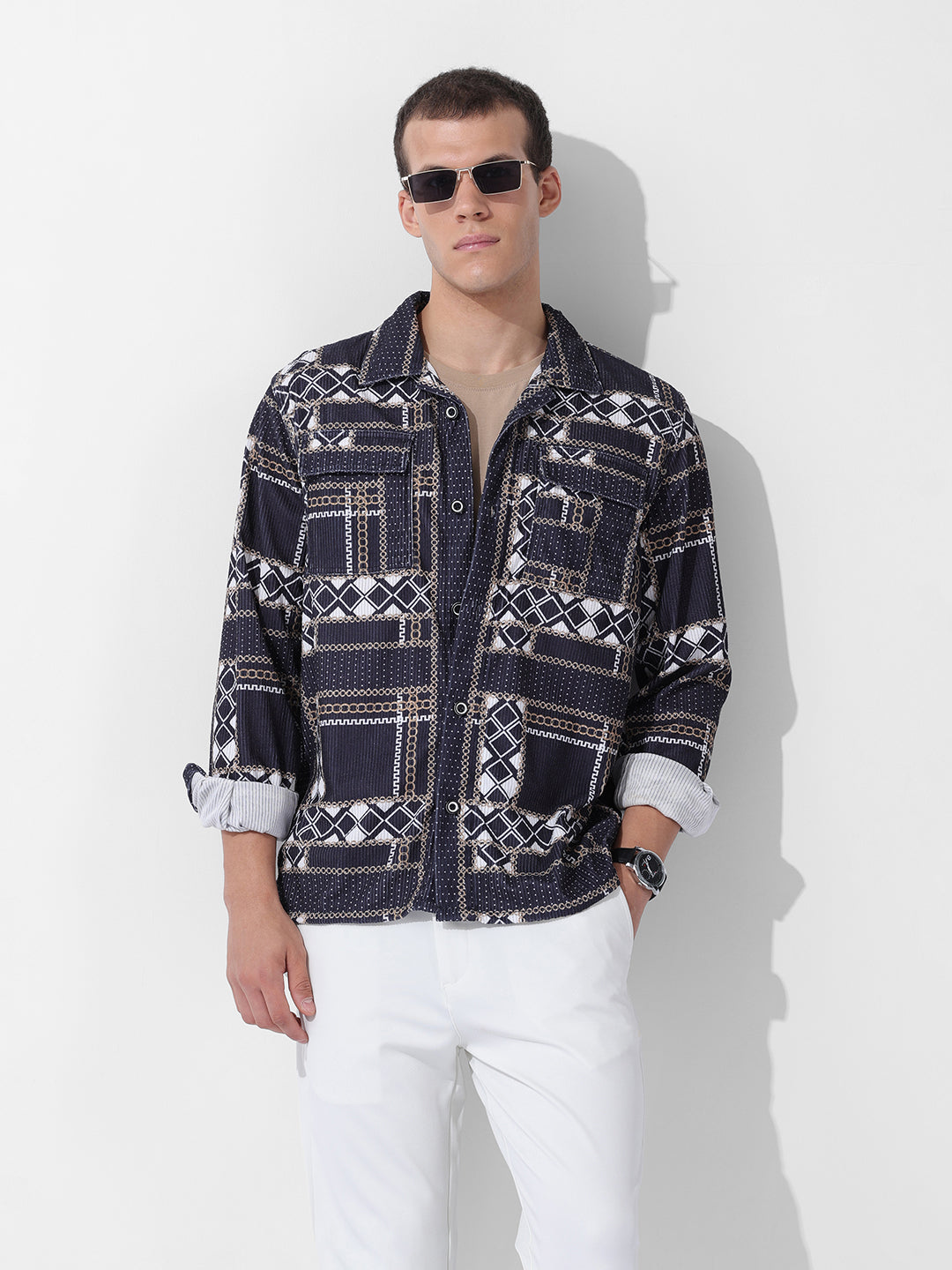 Men's Black Regular Fit Printed Winter Shirt