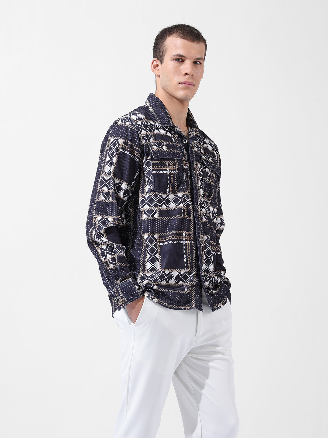 Men's Black Regular Fit Printed Winter Shirt