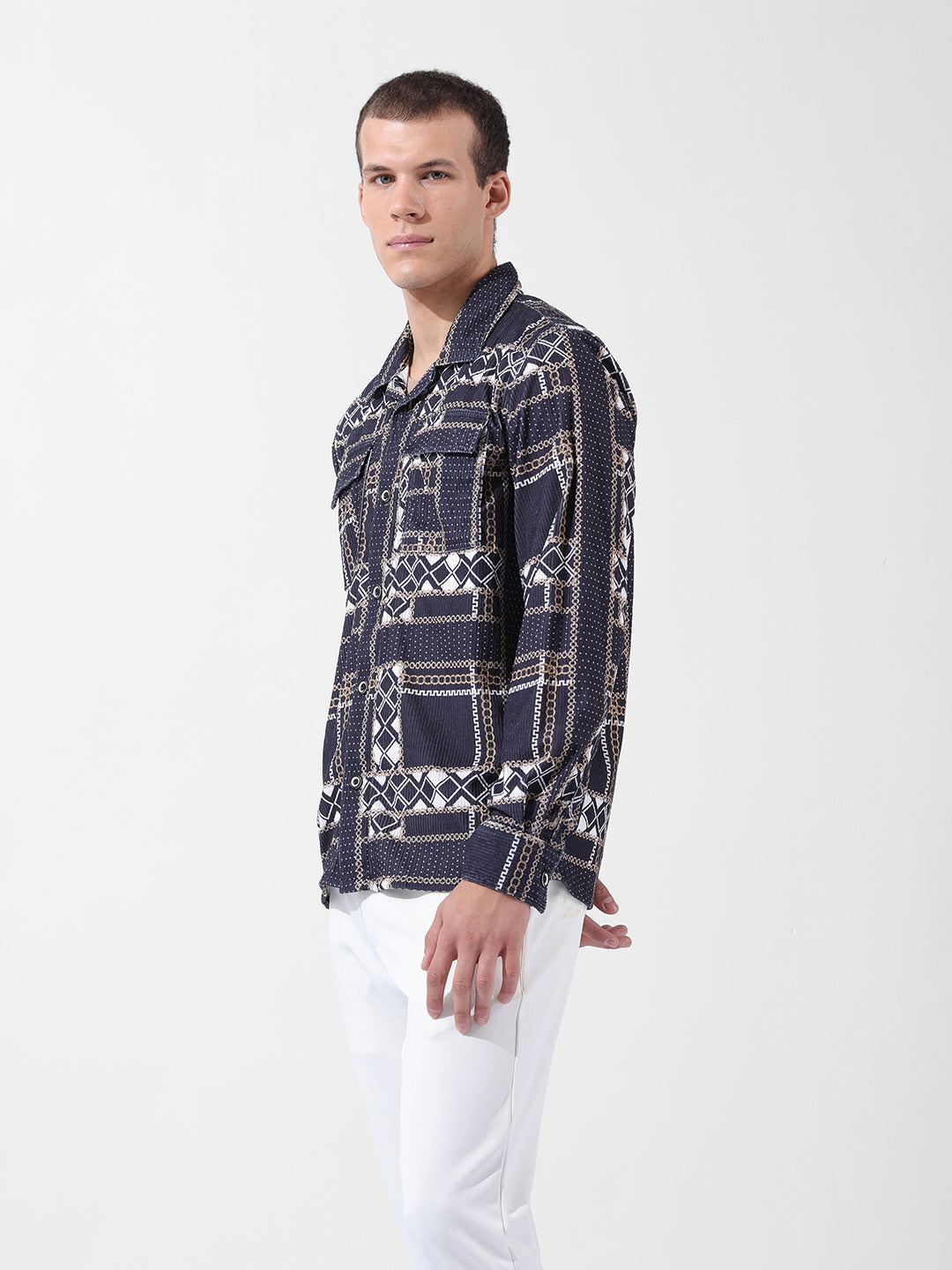 Men's Black Regular Fit Printed Winter Shirt