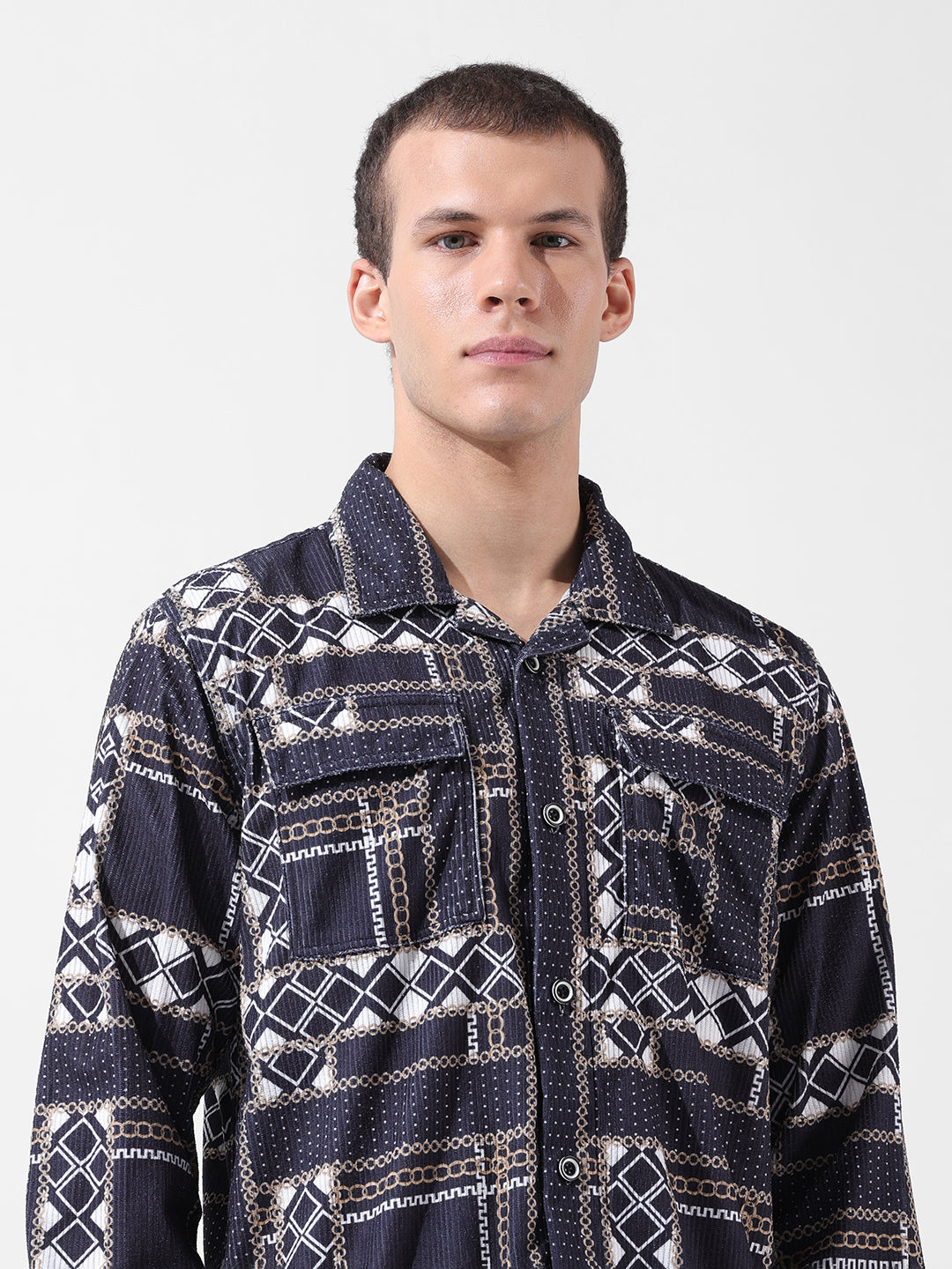 Men's Black Regular Fit Printed Winter Shirt