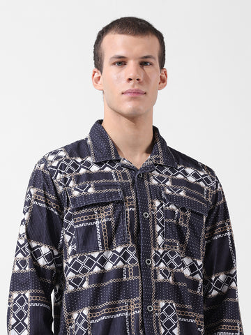 Men's Black Regular Fit Printed Winter Shirt