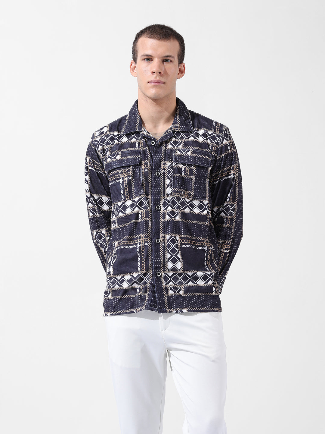 Men's Black Regular Fit Printed Winter Shirt