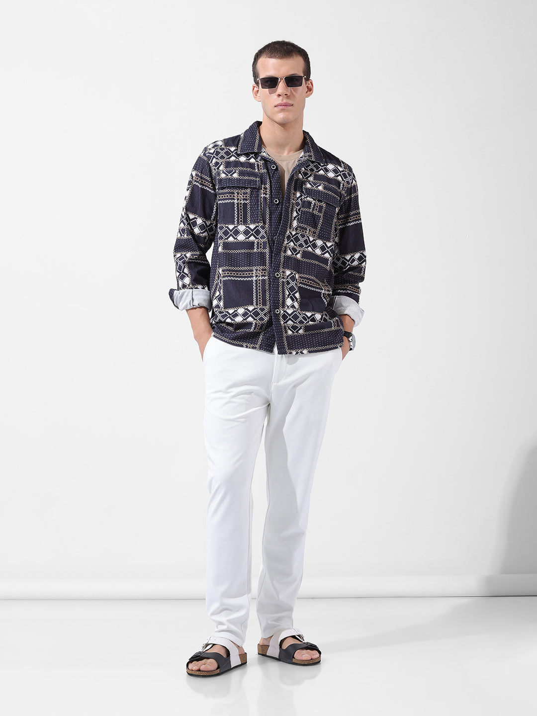 Men's Black Regular Fit Printed Winter Shirt