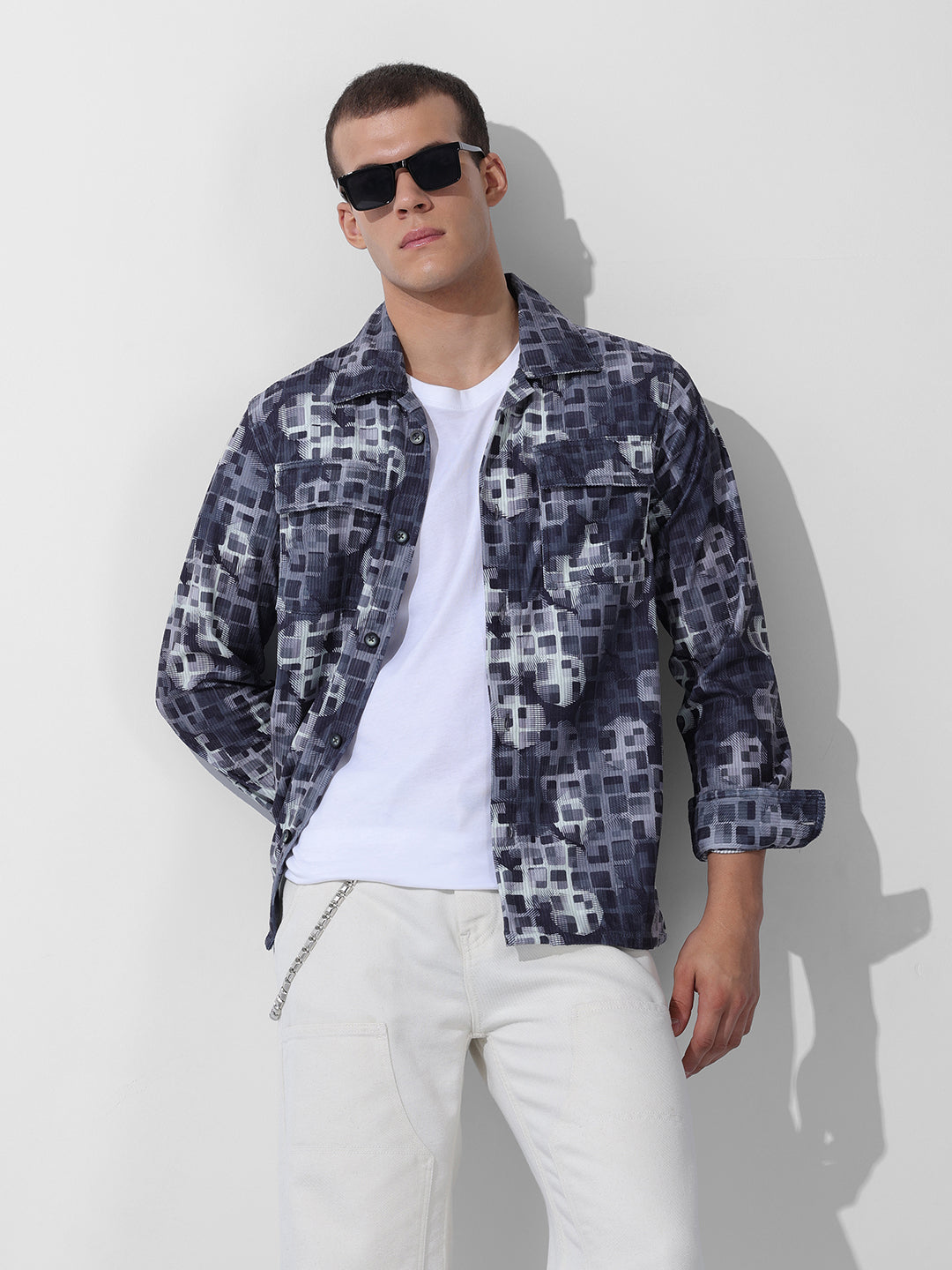 Men's Blue Regular Fit Printed Winter Shirt