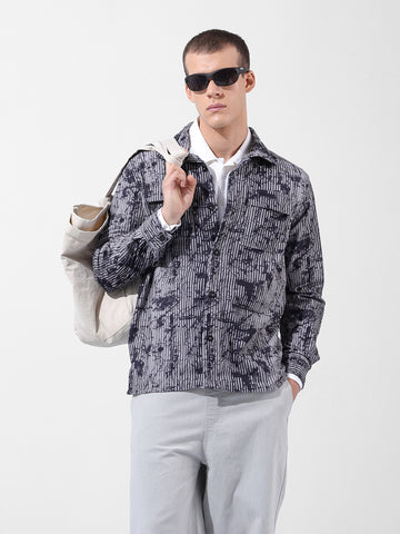 Men's Grey Regular Fit Printed Winter Shirt