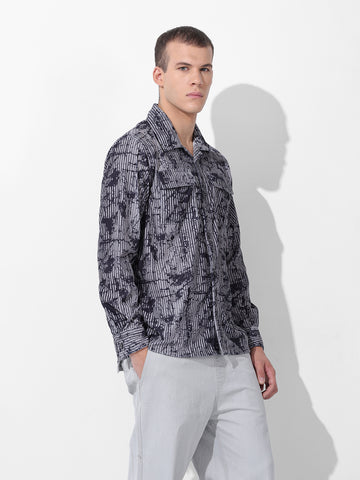 Men's Grey Regular Fit Printed Winter Shirt