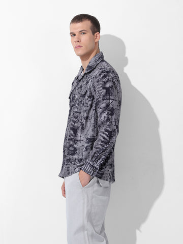 Men's Grey Regular Fit Printed Winter Shirt
