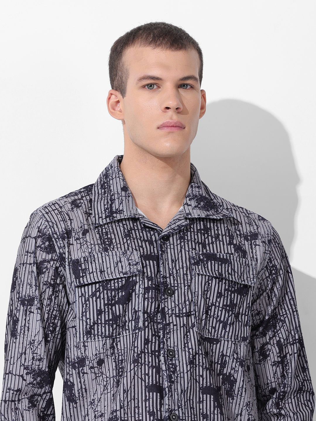 Men's Grey Regular Fit Printed Winter Shirt