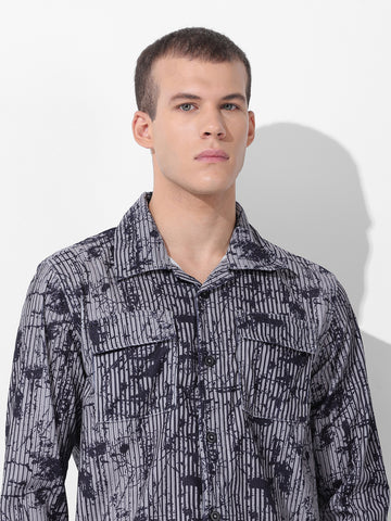 Men's Grey Regular Fit Printed Winter Shirt