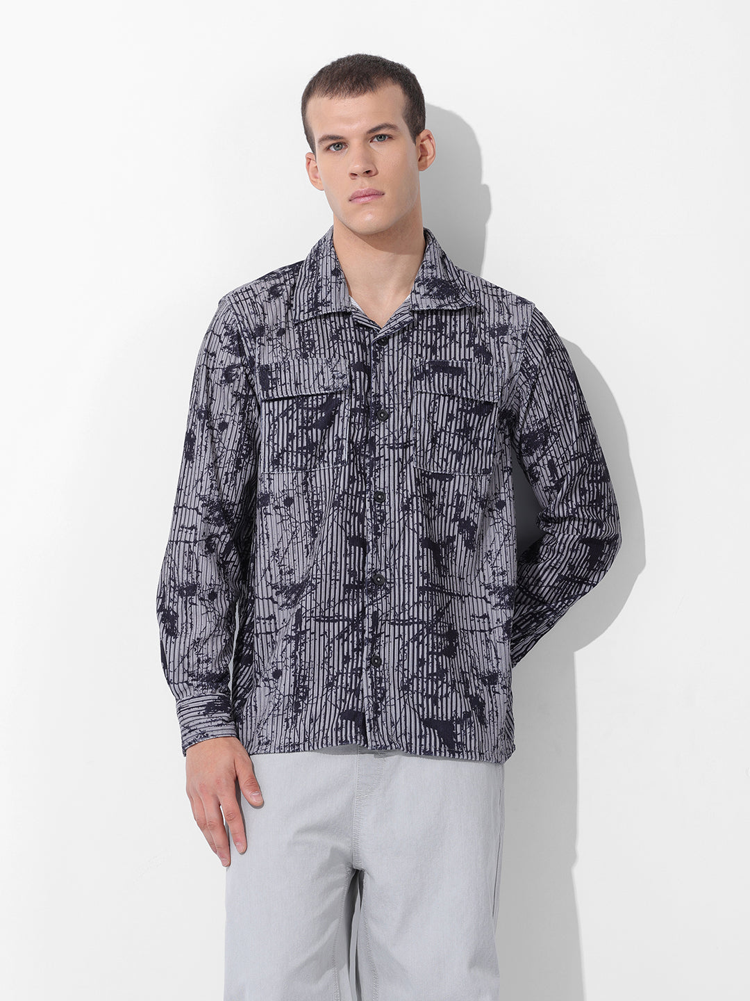 Men's Grey Regular Fit Printed Winter Shirt