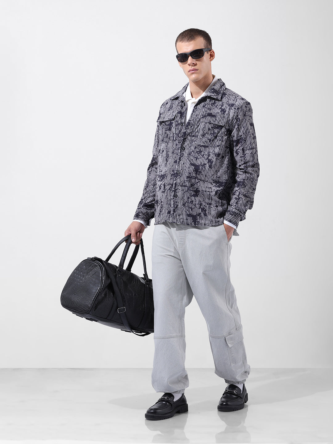 Men's Grey Regular Fit Printed Winter Shirt