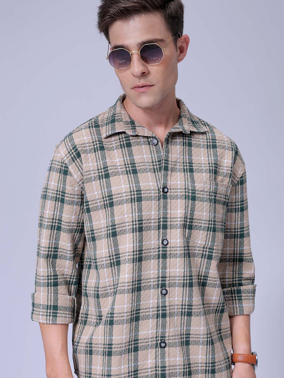 Men's Green Relaxed Fit Checked Resortwear Shirt