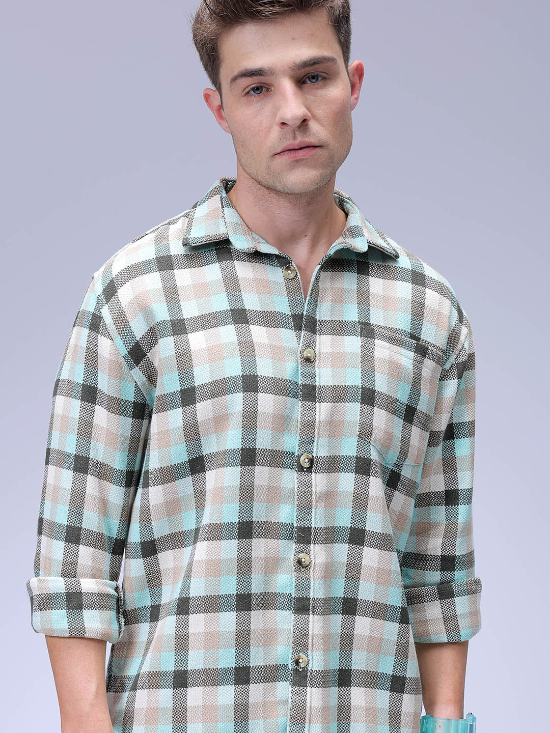 Men's Olive Relaxed Fit Checked Textured Shirt