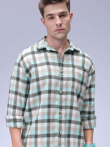 Men's Olive Relaxed Fit Checked Textured Shirt