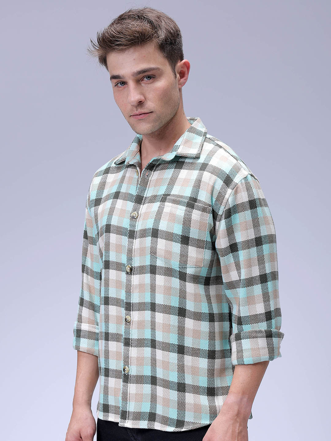 Men's Olive Relaxed Fit Checked Textured Shirt