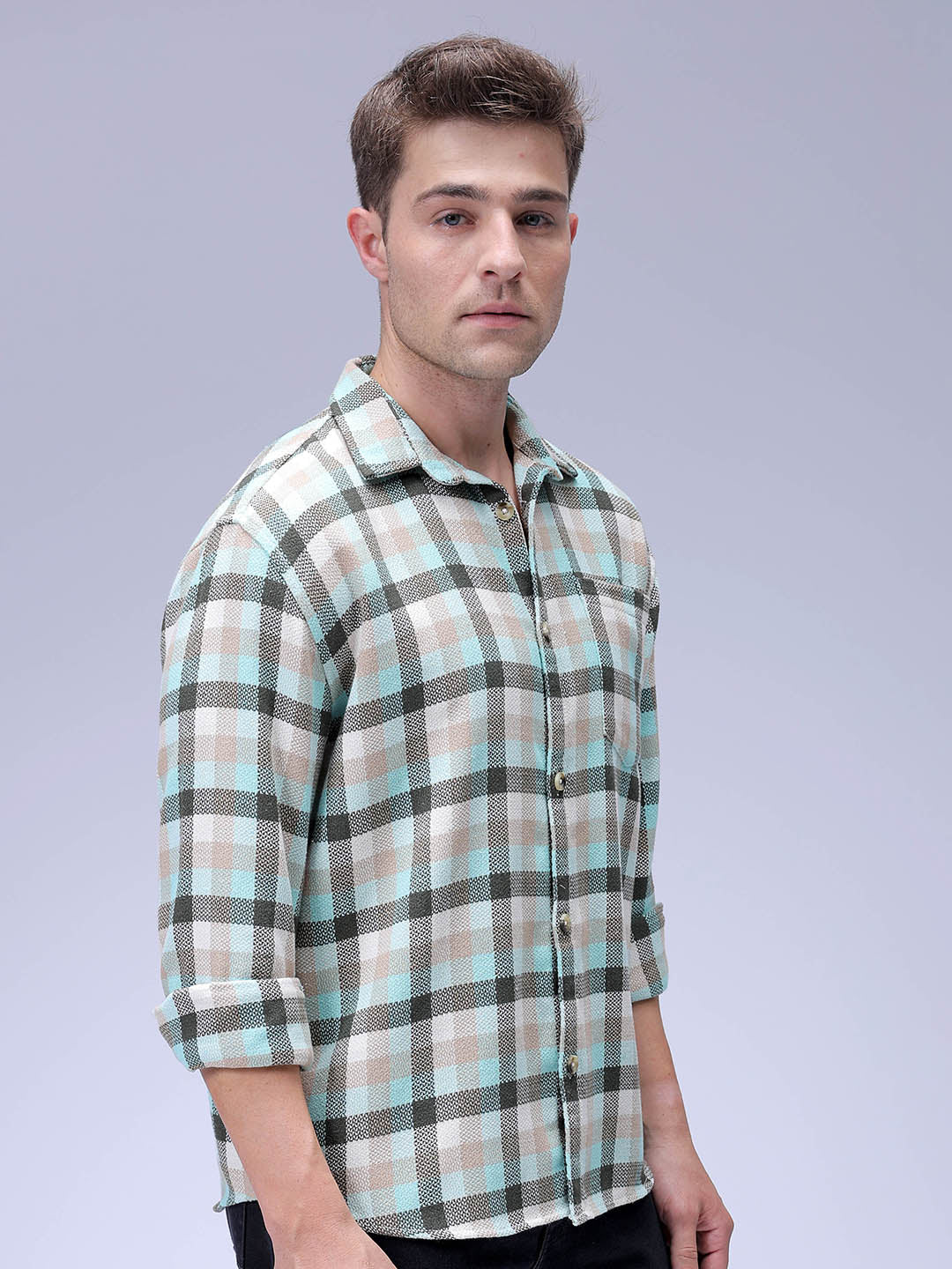 Men's Olive Relaxed Fit Checked Textured Shirt
