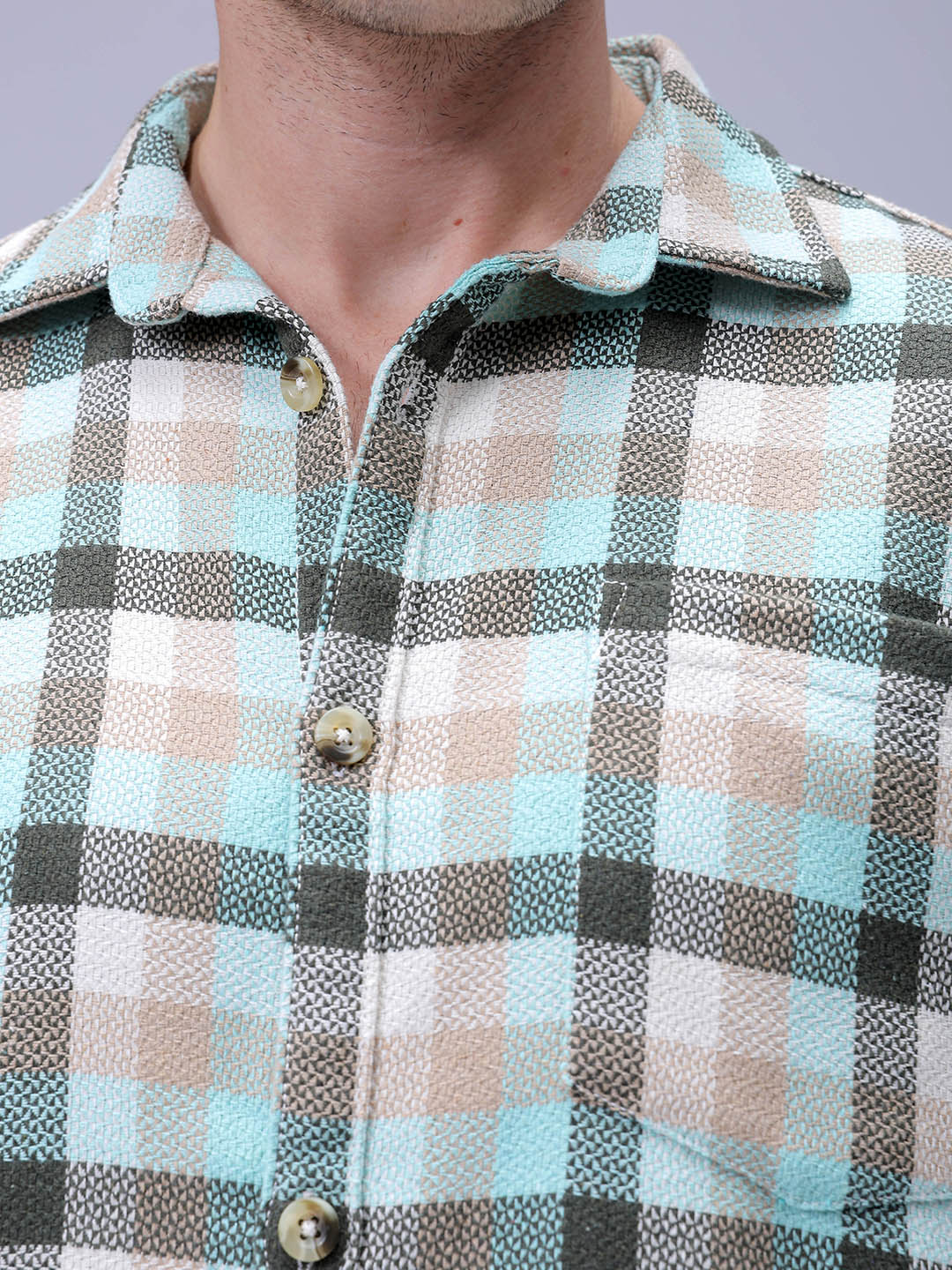 Men's Olive Relaxed Fit Checked Textured Shirt
