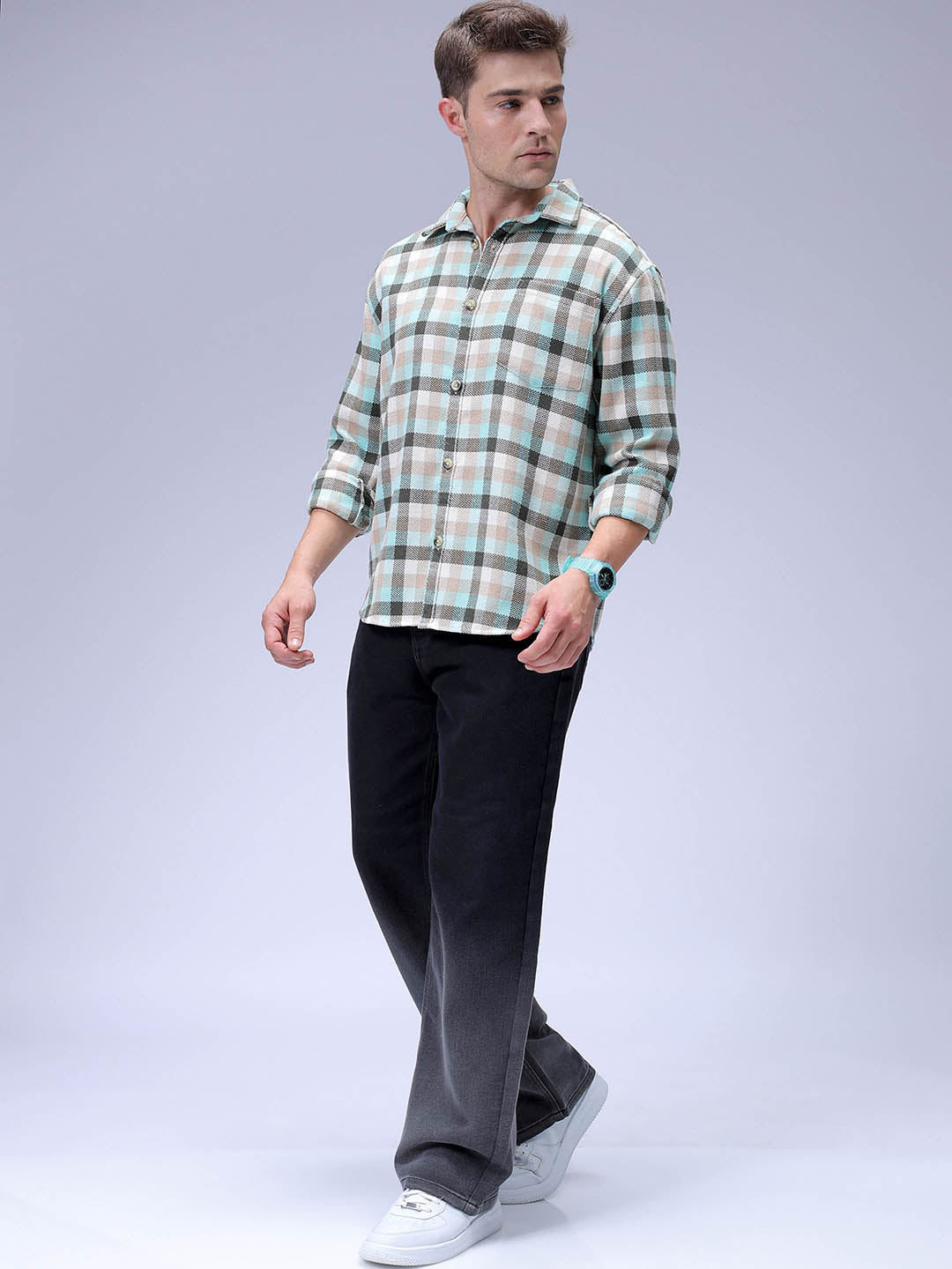 Men's Olive Relaxed Fit Checked Textured Shirt