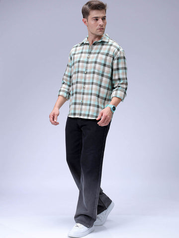 Men's Olive Relaxed Fit Checked Textured Shirt