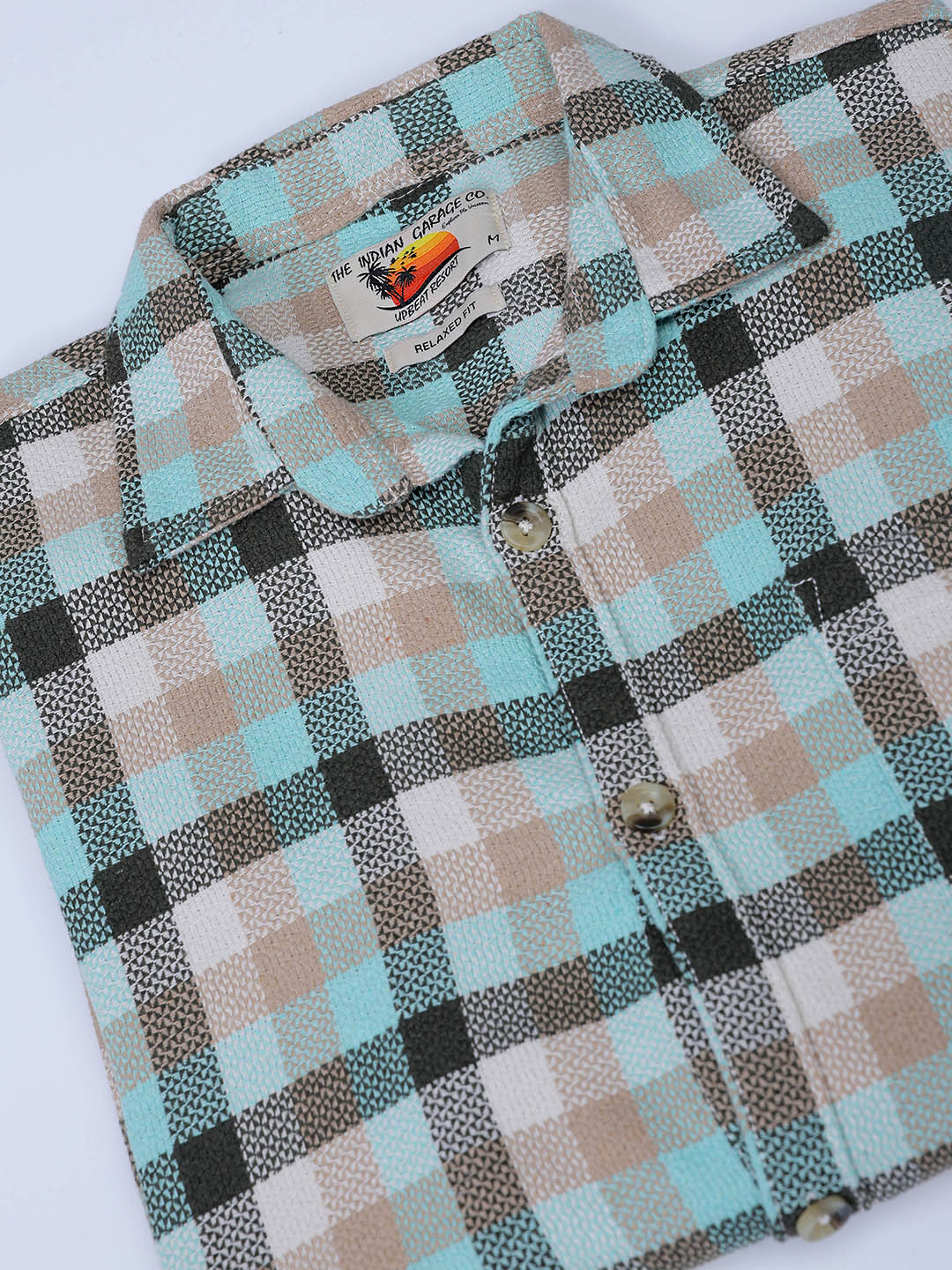 Men's Olive Relaxed Fit Checked Textured Shirt