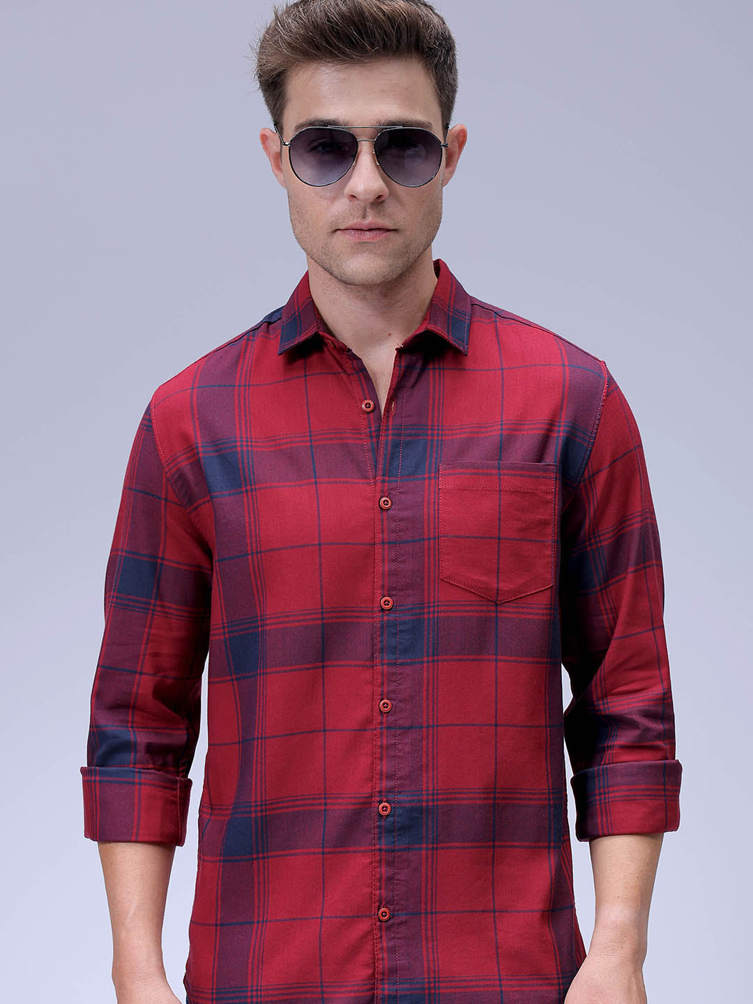 Men's Red Slim Fit Checked Casual Shirt
