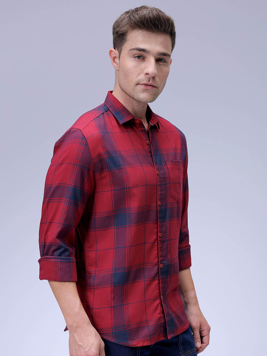 Men's Red Slim Fit Checked Casual Shirt