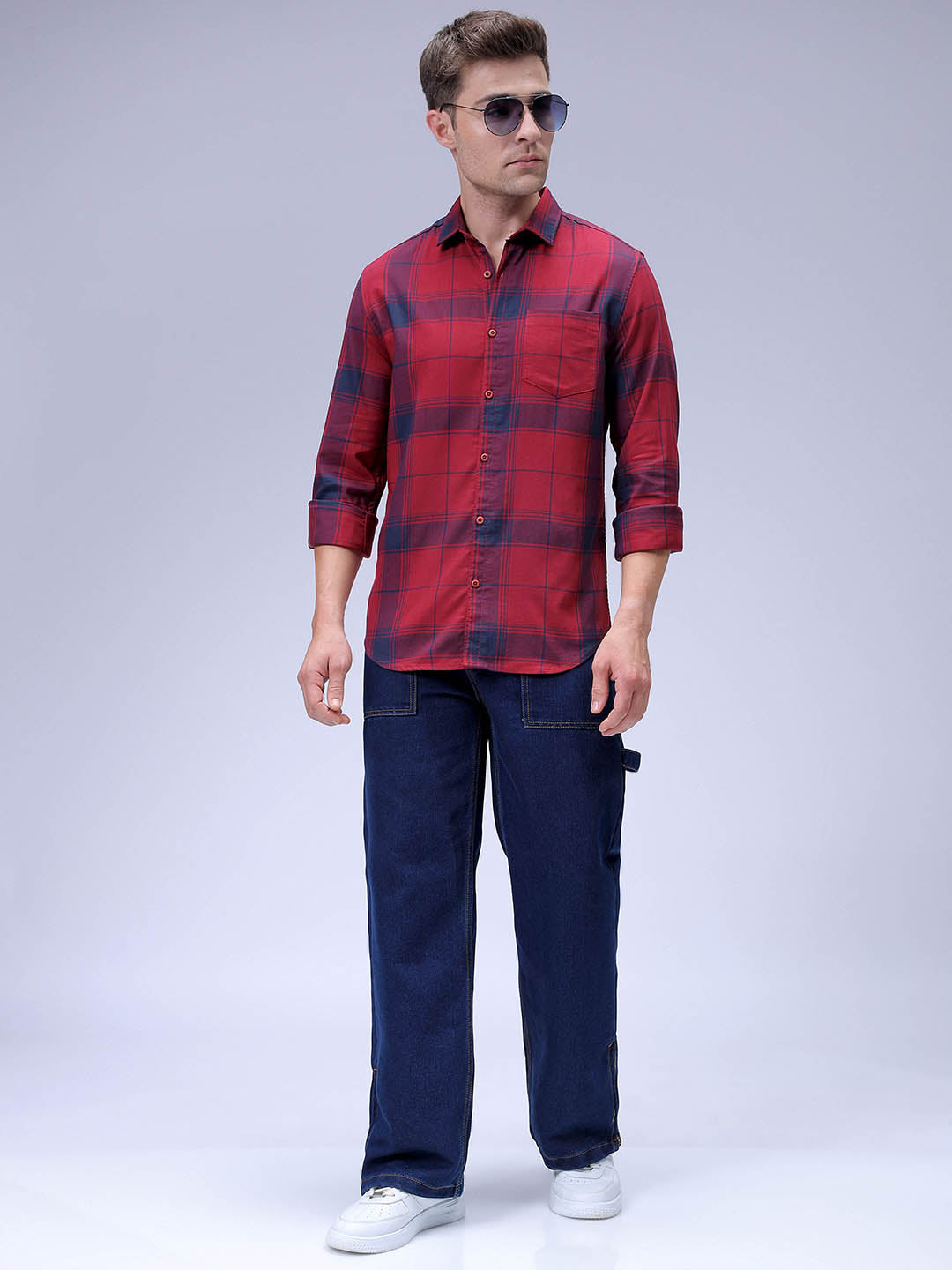 Men's Red Slim Fit Checked Casual Shirt