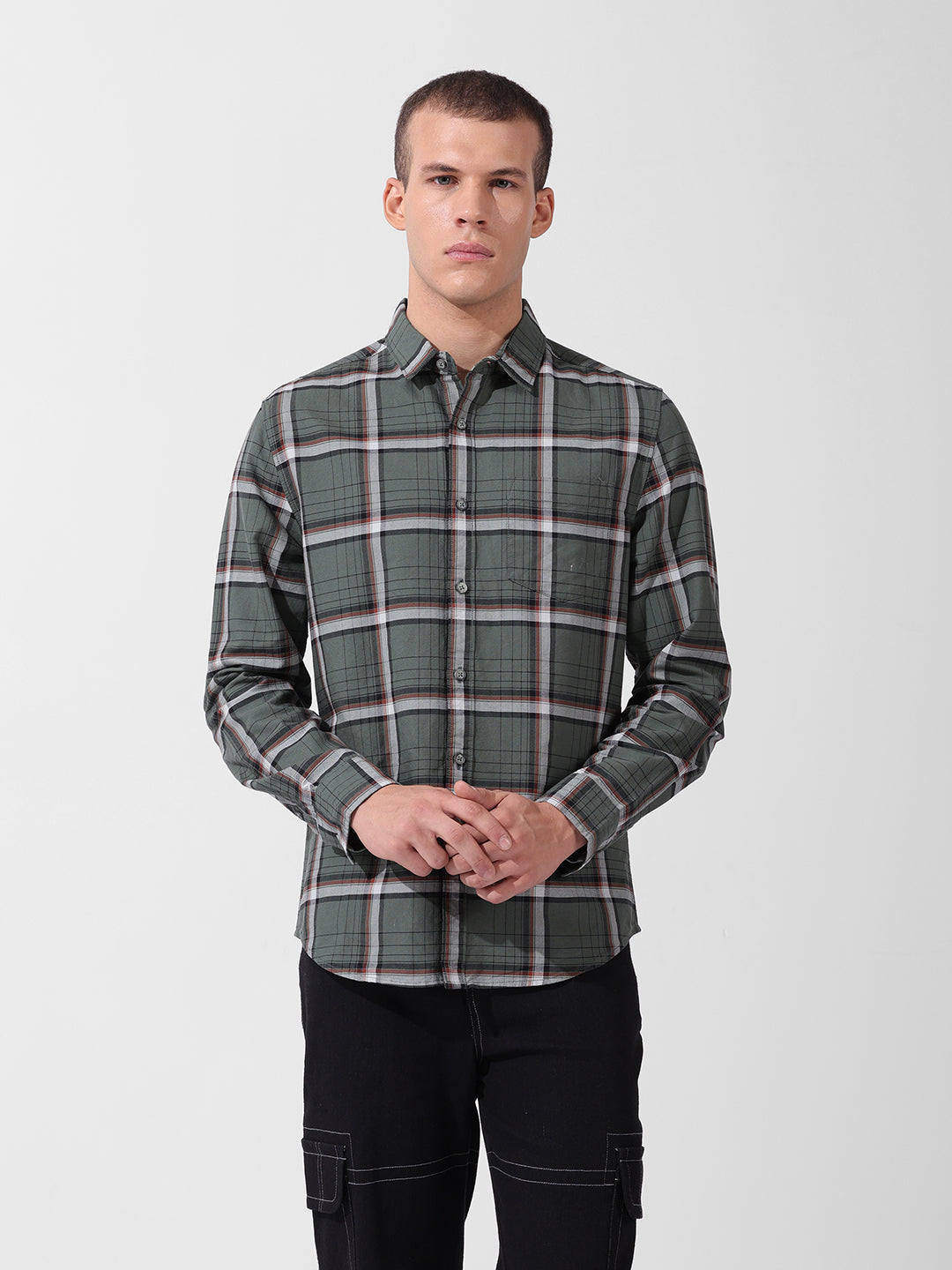 Men's Olive Slim Fit Checked Casual Shirt