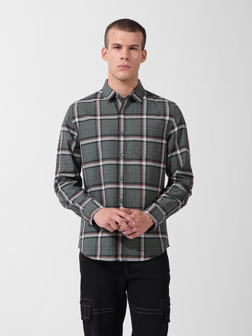 Men's Olive Slim Fit Checked Casual Shirt